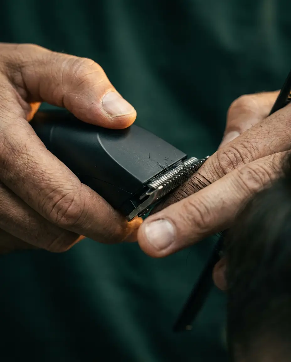 Barber using clippers during a men's haircut at Fresh Cuts Co. in East Austin
