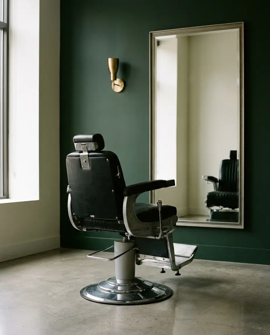 Black leather barber chair and framed mirror against a deep green wall