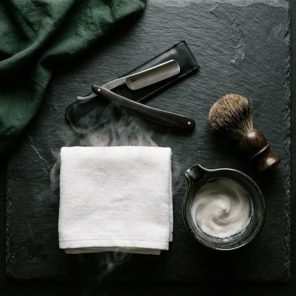 Straight razor, steaming hot towel and shaving brush laid out for a hot towel shave in Austin