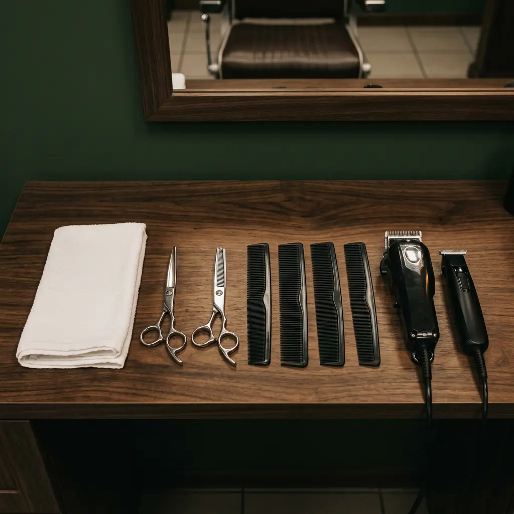 Barber tools — scissors, combs and clippers — arranged on a walnut counter